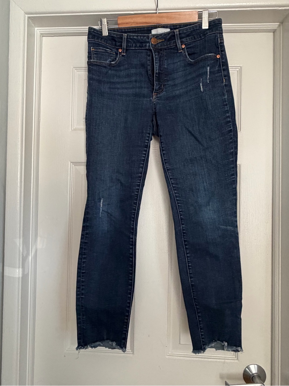 LOFT Dark Blue Cropped Skinny Jeans with Raw Hem